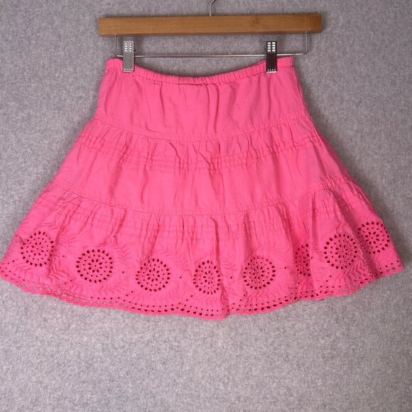 Mini Boden Skirt Girls 5/6 Pink Cotton Eyelet Tiered Ruffle Hem Drawstring Waist - Picture 10 of 10